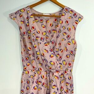 COREY LYNN CALTER Silk Cotton Midi V-Neck Dress Floral Short Sleeve Pockets